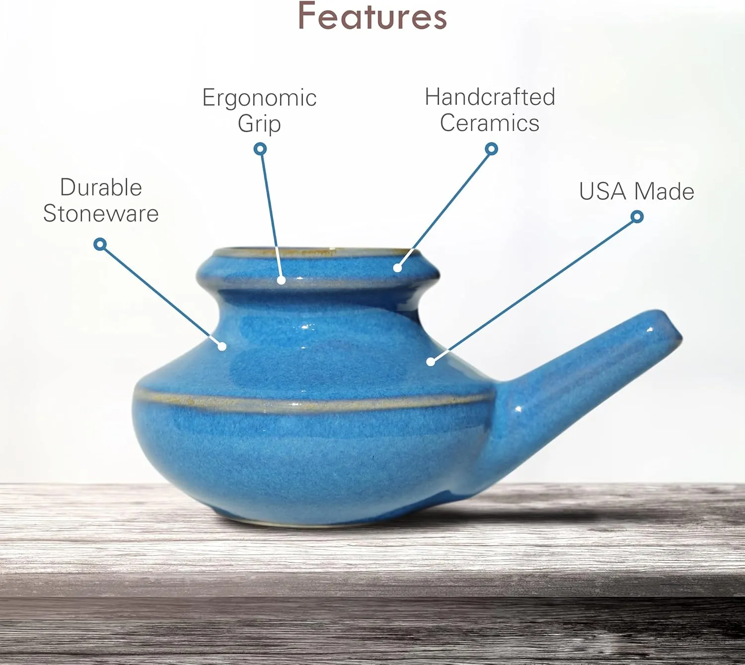Handcrafted Ceramic Neti Pot - Sinus Tool Kit for Home - Nose & Nasal Cleaner - Dishwasher Safe - Durable Ceramic Neti Pot - Food Grade Ceramic Glazes - Lightweight - Made in USA - 10oz (Blue)