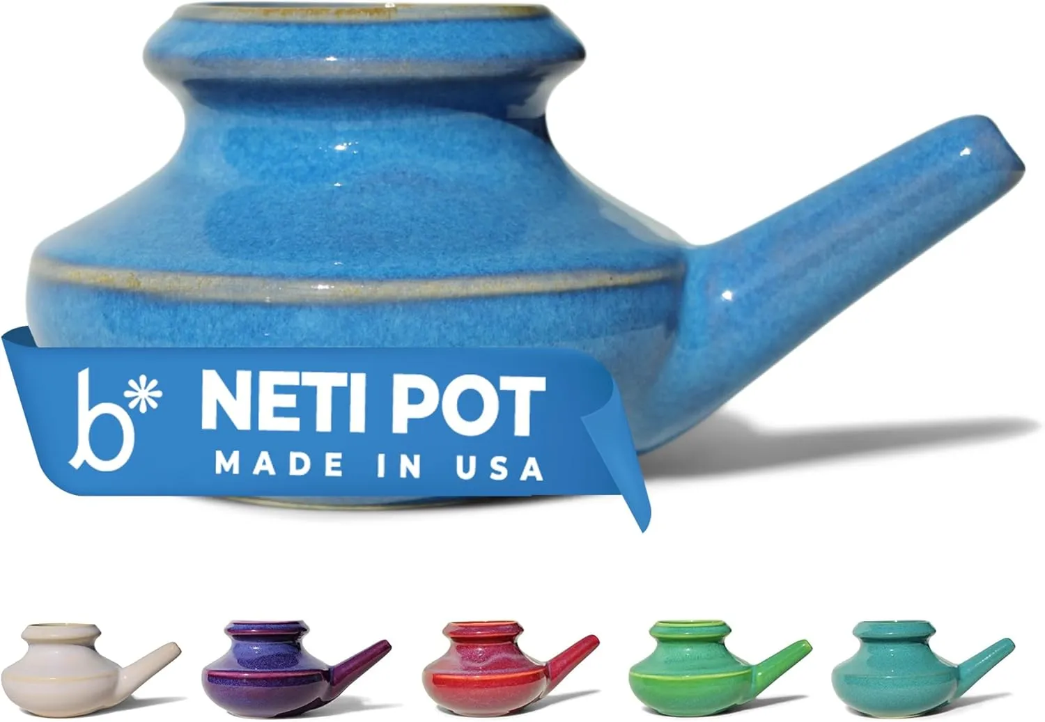 Handcrafted Ceramic Neti Pot - Sinus Tool Kit for Home - Nose & Nasal Cleaner - Dishwasher Safe - Durable Ceramic Neti Pot - Food Grade Ceramic Glazes - Lightweight - Made in USA - 10oz (Blue)
