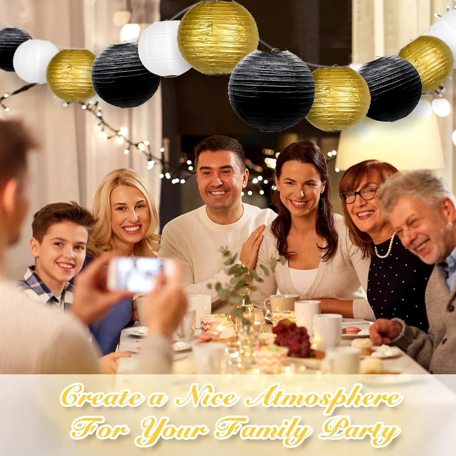 Hanging Paper Lanterns Decorative, Black Gold Chinese Paper Lanterns Ceiling Party Decorations with 16 LED Lights for Graduation Anniversary Engagements Business Banquet ，Pack of 16
