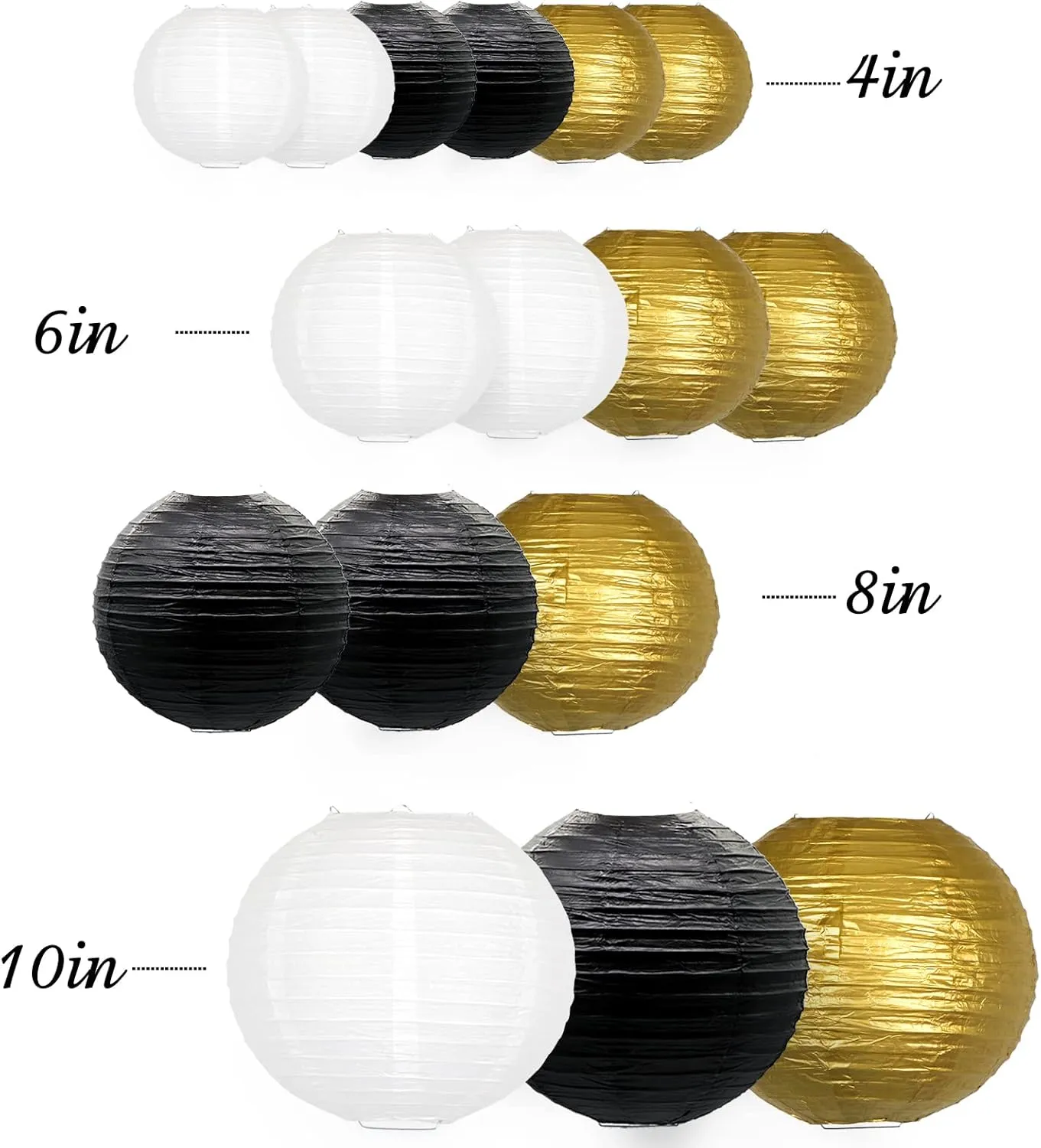 Hanging Paper Lanterns Decorative, Black Gold Chinese Paper Lanterns Ceiling Party Decorations with 16 LED Lights for Graduation Anniversary Engagements Business Banquet ，Pack of 16