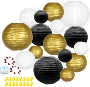Hanging Paper Lanterns Decorative, Black Gold Chinese Paper Lanterns Ceiling Party Decorations with 16 LED Lights for Graduation Anniversary Engagements Business Banquet ，Pack of 16