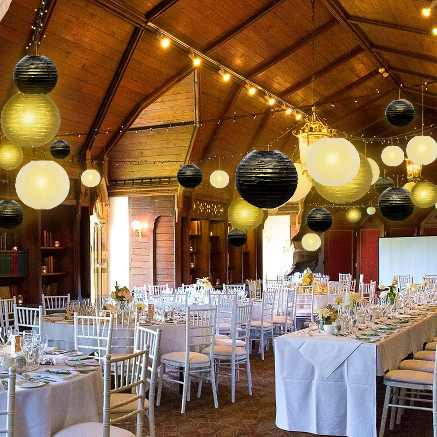 Hanging Paper Lanterns Decorative, Black Gold Chinese Paper Lanterns Ceiling Party Decorations with 16 LED Lights for Graduation Anniversary Engagements Business Banquet ，Pack of 16