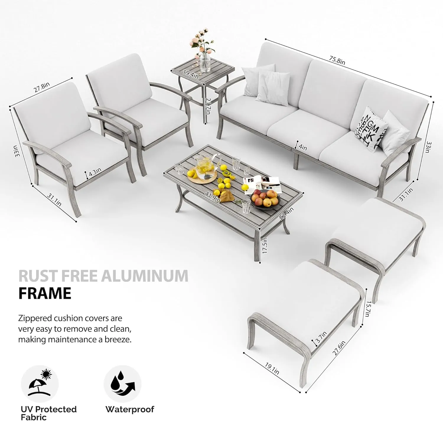 HAPPATIO 7 Piece Aluminum Patio Furniture Set, 3-Seat Outdoor Ottomans and Armchairs, Outdoor Sectional Sofa with Side Table and Coffee Table, Garden Conversation Set for Lawn Deck (Gray)