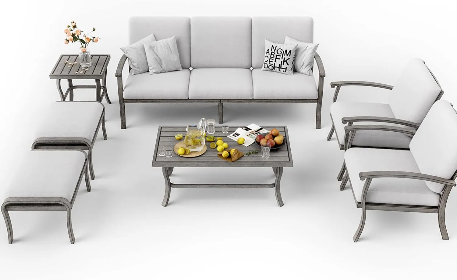 HAPPATIO 7 Piece Aluminum Patio Furniture Set, 3-Seat Outdoor Ottomans and Armchairs, Outdoor Sectional Sofa with Side Table and Coffee Table, Garden Conversation Set for Lawn Deck (Gray)