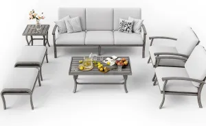 HAPPATIO 7 Piece Aluminum Patio Furniture Set, 3-Seat Outdoor Ottomans and Armchairs, Outdoor Sectional Sofa with Side Table and Coffee Table, Garden Conversation Set for Lawn Deck (Gray)