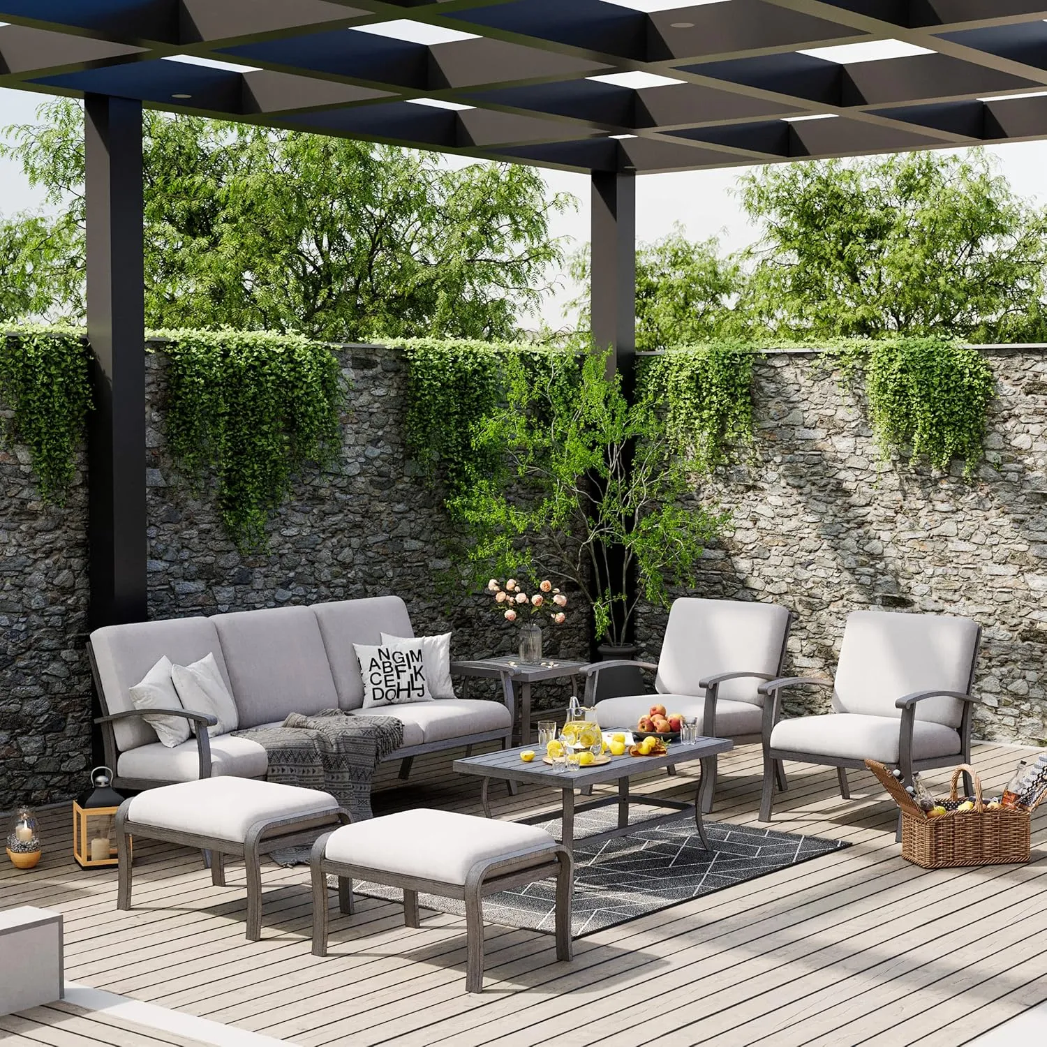 HAPPATIO 7 Piece Aluminum Patio Furniture Set, 3-Seat Outdoor Ottomans and Armchairs, Outdoor Sectional Sofa with Side Table and Coffee Table, Garden Conversation Set for Lawn Deck (Gray)