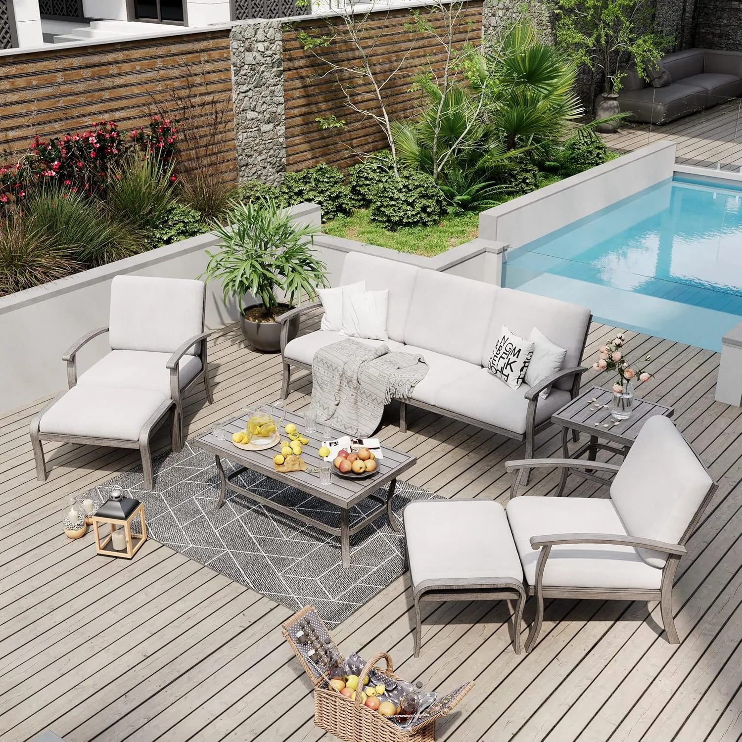 HAPPATIO 7 Piece Aluminum Patio Furniture Set, 3-Seat Outdoor Ottomans and Armchairs, Outdoor Sectional Sofa with Side Table and Coffee Table, Garden Conversation Set for Lawn Deck (Gray)