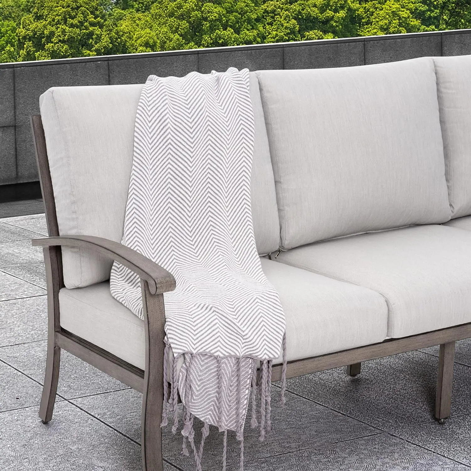 HAPPATIO 7 Piece Aluminum Patio Furniture Set, 3-Seat Outdoor Ottomans and Armchairs, Outdoor Sectional Sofa with Side Table and Coffee Table, Garden Conversation Set for Lawn Deck (Gray)