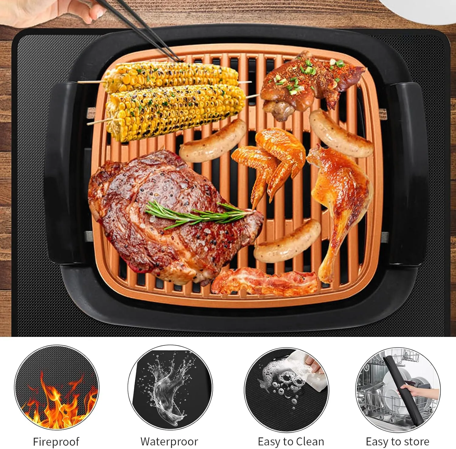 Heat Resistant Grill Mat, 25 x 20 inches Double-sided fireproof and waterproof BBQ protection mat Multi-Purpose for Grills Pizza Ovens Smokers Black