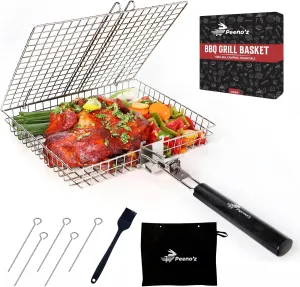 Heavy-Duty Stainless Steel Grill Basket with Removable Handle – 11.5 x 9.5 x 1.5 Inch BBQ Grilling Basket for Vegetables, Fish, Shrimp & Barbecue – Non-stick, Durable, Perfect for Outdoor & Camping Grills