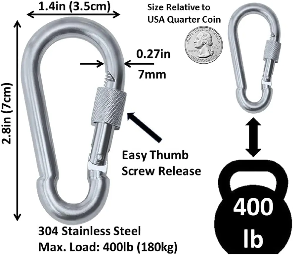 Heavy Duty Stainless Steel Thumb Screw Locking Carabiner Spring Snap Clip Link Hooks. 200-400lb Load. 6 Packs and 12 Packs