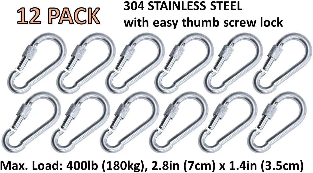Heavy Duty Stainless Steel Thumb Screw Locking Carabiner Spring Snap Clip Link Hooks. 200-400lb Load. 6 Packs and 12 Packs