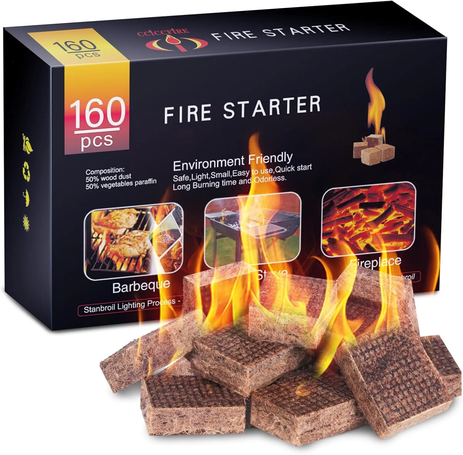 HGD Fire Starter, 160 Mini Square, Natural Fire Starters for BBQ, Campfire, Fireplace, Charcoal, Wood Stove, Chimney, Fire Pit, Grill, Smoker, Indoor Outdoor Use