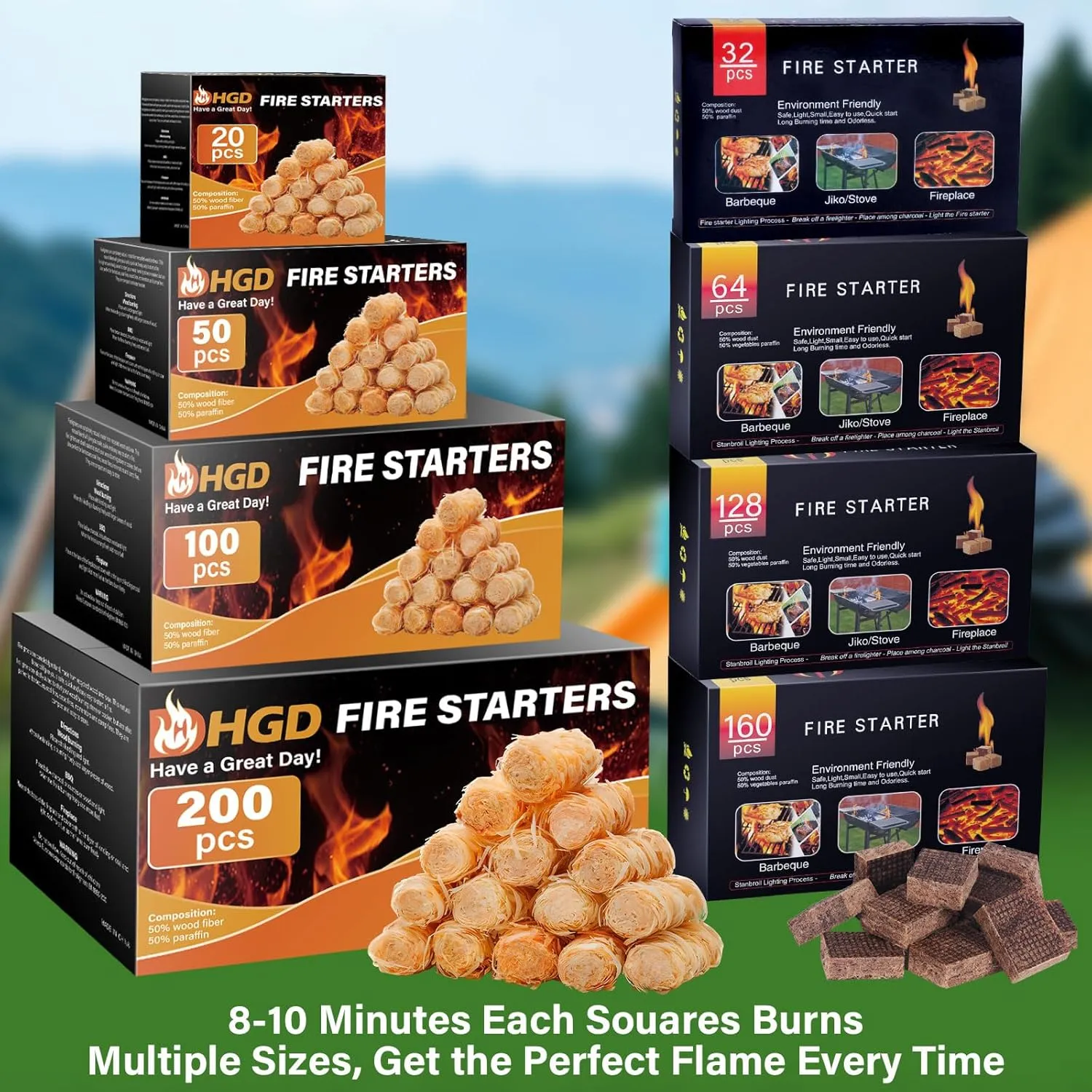 HGD Fire Starter, 160 Mini Square, Natural Fire Starters for BBQ, Campfire, Fireplace, Charcoal, Wood Stove, Chimney, Fire Pit, Grill, Smoker, Indoor Outdoor Use