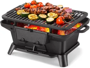 Hibachi Grill Outdoor, Portable Mini Charcoal Grill, 100% Pre-Seasoned Cast Iron, Small Japanese Yakitori Tabletop Skillet Grill Stove for Outdoor Camping