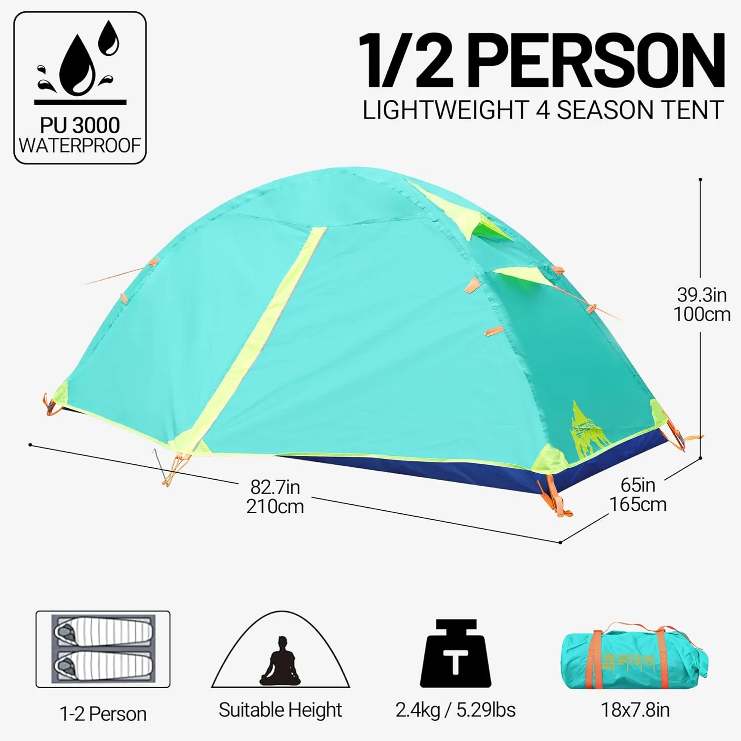 Himalaya 1/2 Person Camping Tent, 4 Season Tent Backpacking Winter Tent Waterproof Windproof Lightweight Portable PU5000 for Outdoor Camping Cold Weather Hiking Mountaineering