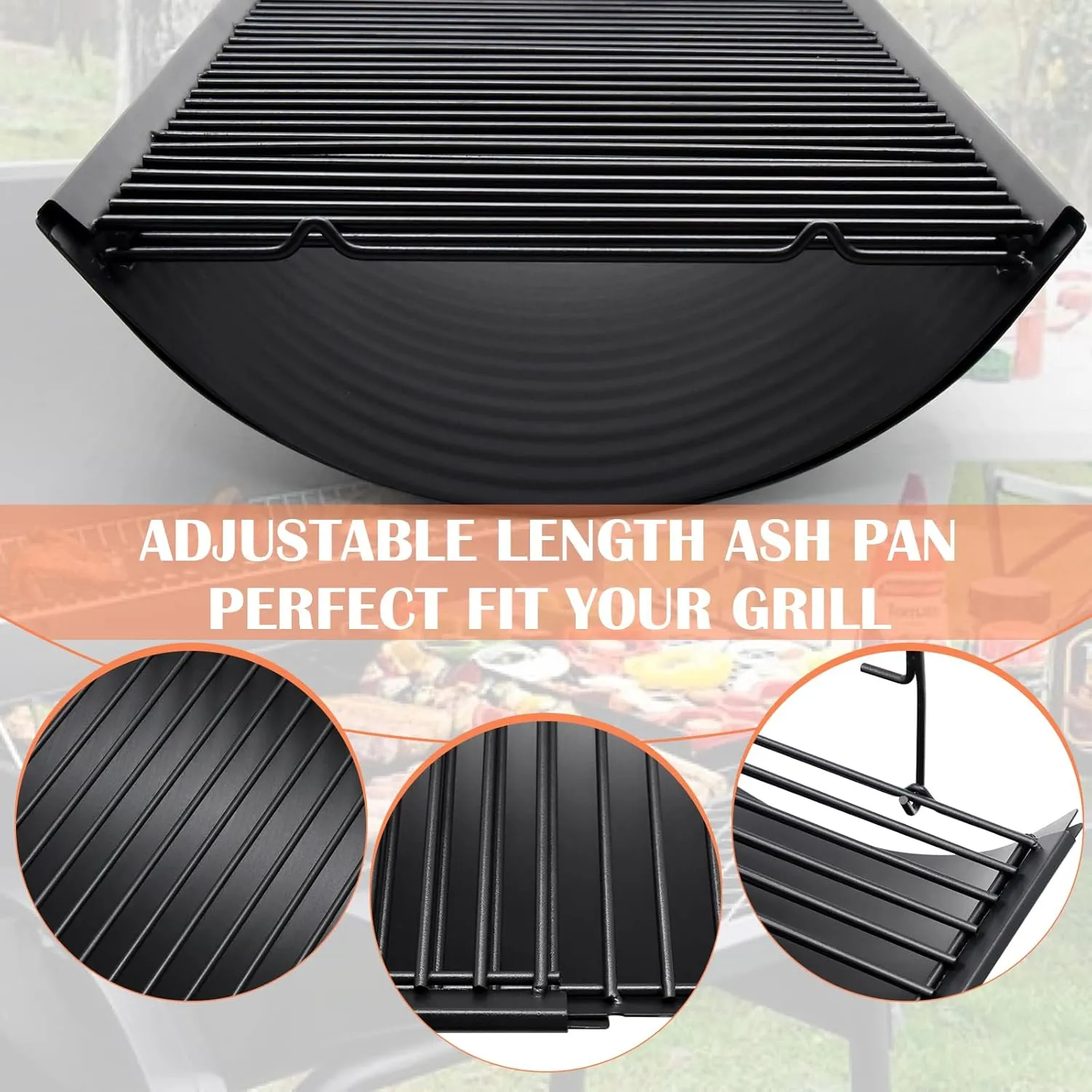 Hiorucet 23.38" to 41.5" Adjustable Ash Pan Drip Pan for Chargriller 5050 5650 2121 5072 3001 1624 2828 2823 2123 Charcoal Grills, Royal Gourmet Charcoal Grill CC1830SC, Part with 2pcs Grate Hanger