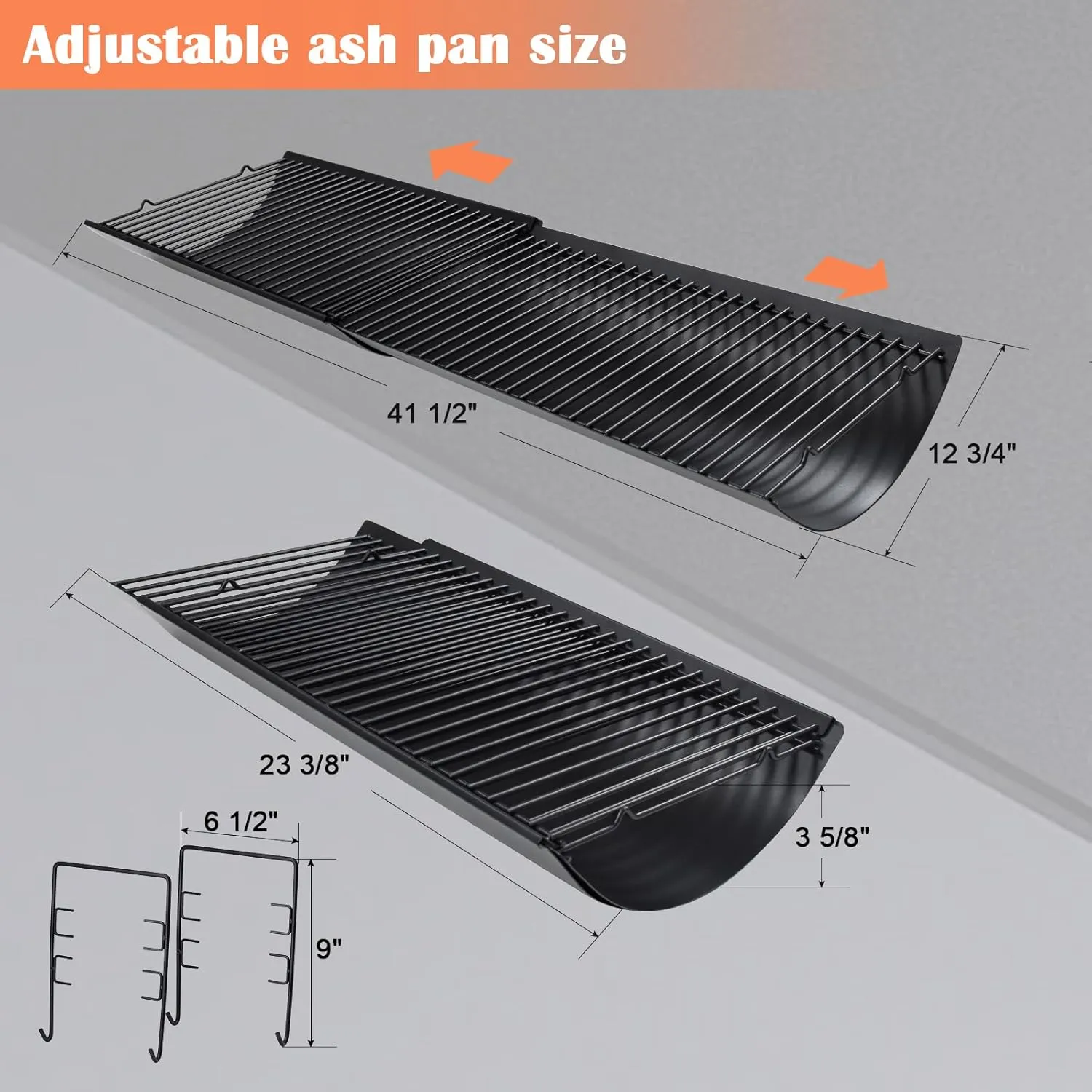 Hiorucet 23.38" to 41.5" Adjustable Ash Pan Drip Pan for Chargriller 5050 5650 2121 5072 3001 1624 2828 2823 2123 Charcoal Grills, Royal Gourmet Charcoal Grill CC1830SC, Part with 2pcs Grate Hanger