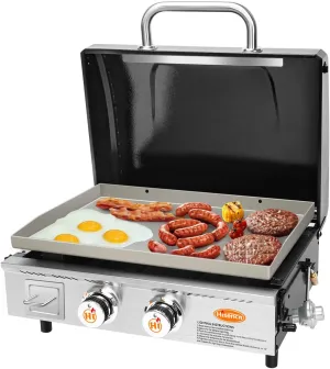 Hisencn Portable Flat Top Grill Propane Gas Grill for Outdoor, Camping, Tabletop, Kitchen, Tailgating, RV - 369 sq. in. Heavy Duty & 24000 BTUs Griddle for BBQ Grill, 22 Inch with Hood, with Carry Bag