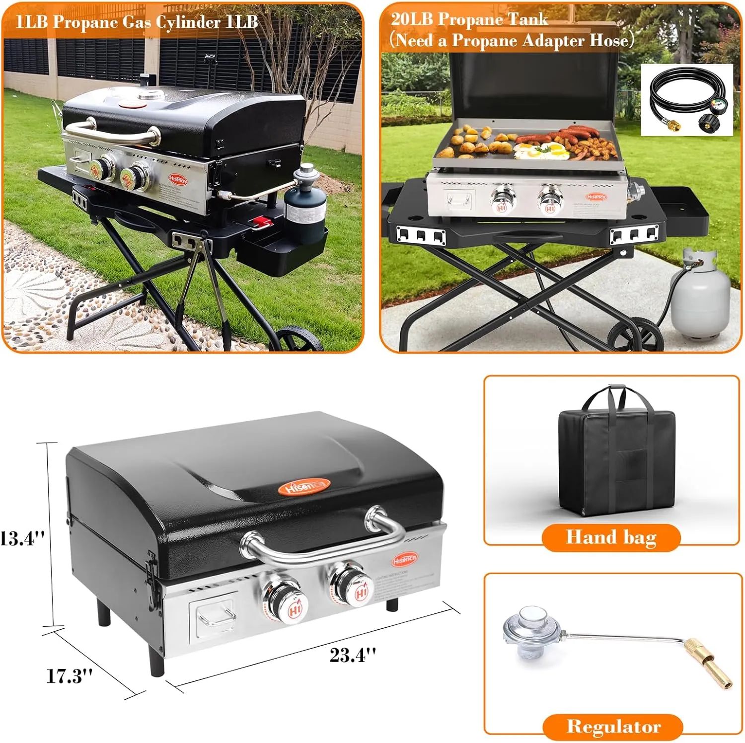 Hisencn Portable Flat Top Grill Propane Gas Grill for Outdoor, Camping, Tabletop, Kitchen, Tailgating, RV - 369 sq. in. Heavy Duty & 24000 BTUs Griddle for BBQ Grill, 22 Inch with Hood, with Carry Bag