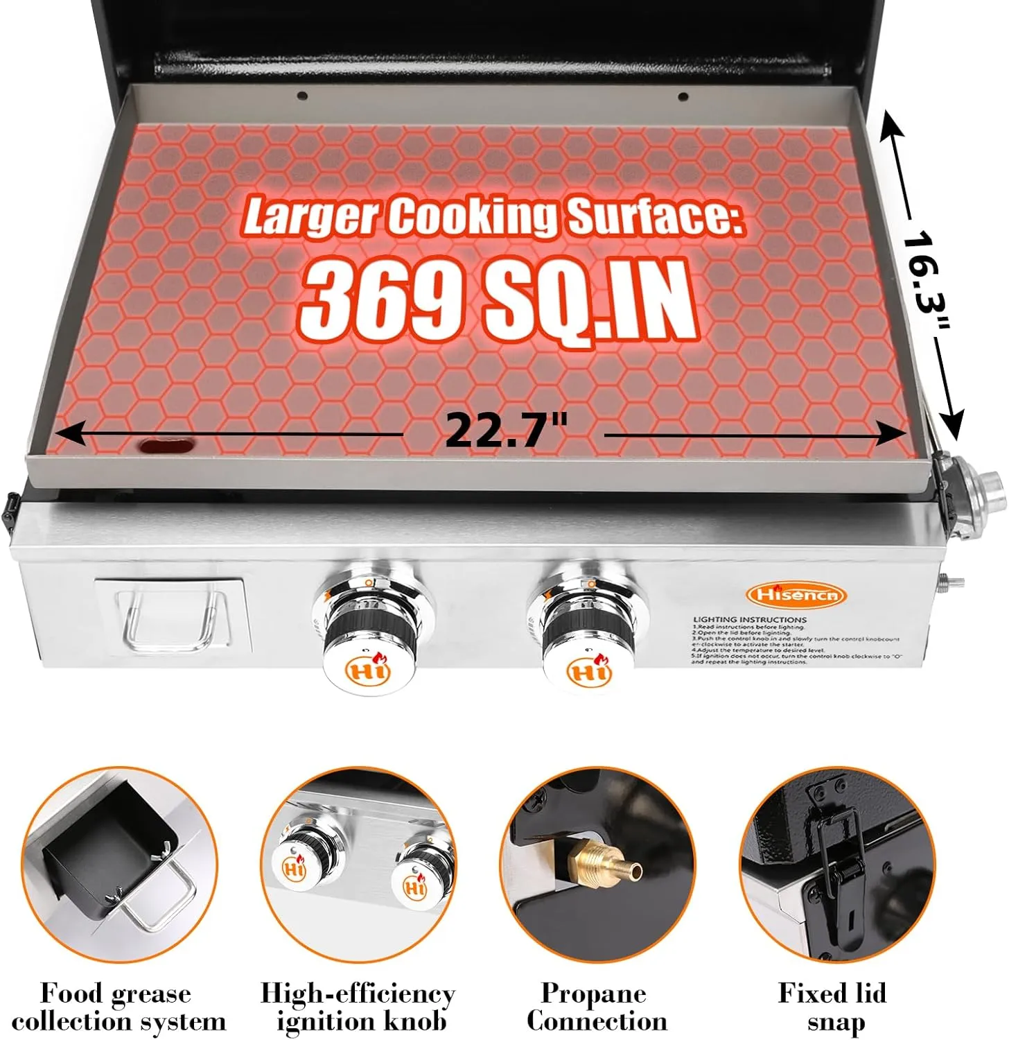 Hisencn Portable Flat Top Grill Propane Gas Grill for Outdoor, Camping, Tabletop, Kitchen, Tailgating, RV - 369 sq. in. Heavy Duty & 24000 BTUs Griddle for BBQ Grill, 22 Inch with Hood, with Carry Bag