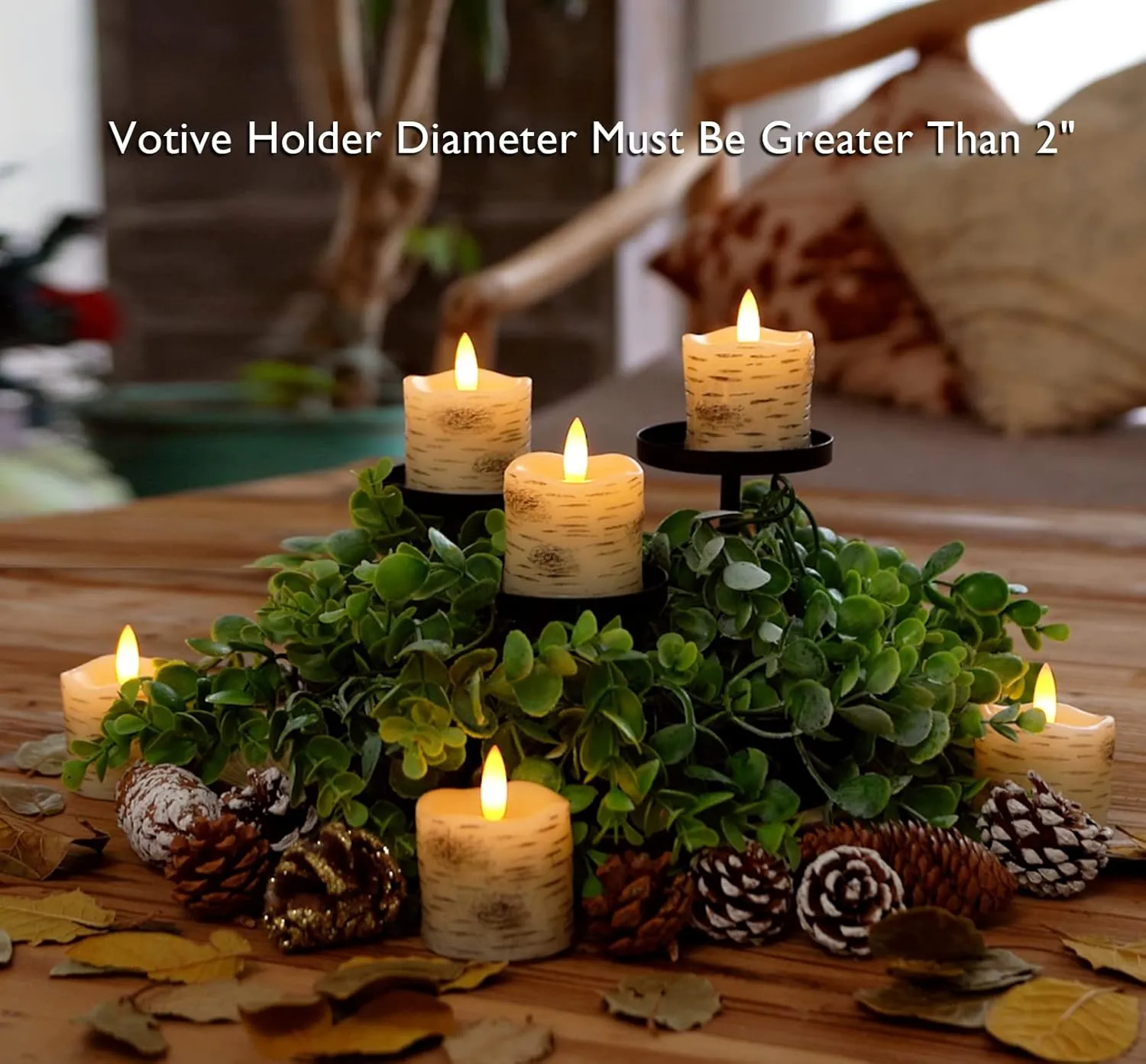 Homemory Flameless Votive Candles with Timer, 2" x 2" Birch Bark Real Wax, 400 Hour Realistic Black Wick Battery Operated Fake Candles, 6 Pack for Wedding, Party and Holiday Decoration