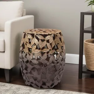 Howard Elliott Olive Leaf Round Side Table & Stool, Unique Bronze Finish Cast Aluminum Bedside Table, Modern Accent Decoration Side End Table for Living Room, Balcony & Bedroom, 17 x 16.25 Inch