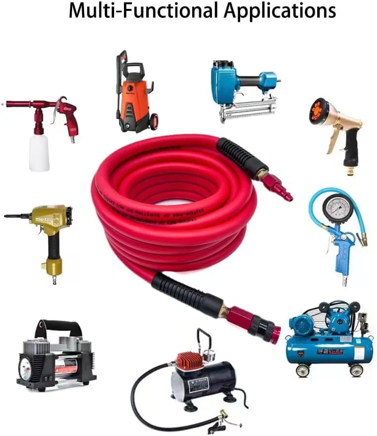 Hybrid Air Hose 3/8-Inch x 100FT，300 PSI Heavy Duty Air Compressor Hose, Lightweight, Kink Resistant, All-Weather Flexibility with 1/4-Inch Swivel Solid Aluminum Quick Coupler and Plug,Red