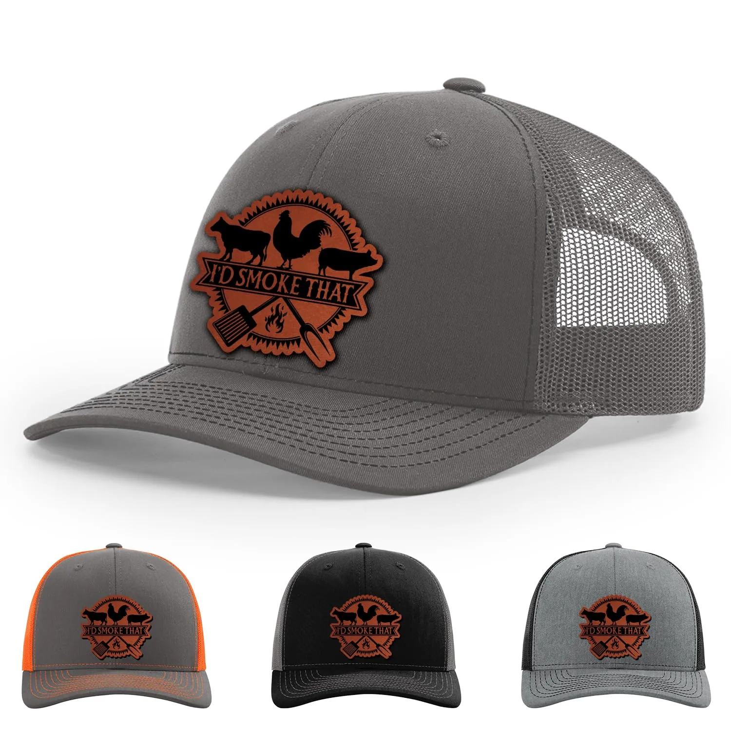 I'd Smoke That, Smoke, Rooster, Cow, Pig, Farmlife, Grill, BBQ Hat, 112 Style Trucker Leather Patch Hat for Men & Women, 6 Panel Baseball Cap with Snapback Enclosure