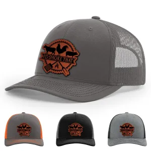 I'd Smoke That, Smoke, Rooster, Cow, Pig, Farmlife, Grill, BBQ Hat, 112 Style Trucker Leather Patch Hat for Men & Women, 6 Panel Baseball Cap with Snapback Enclosure