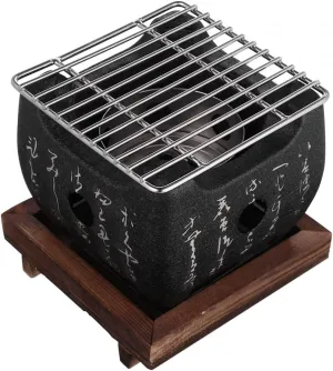 Japanese BBQ Grill with Wooden Base Aluminum Alloy Grill Table Top Charcoal Grill for Household Camping Outdoor Cooking-L