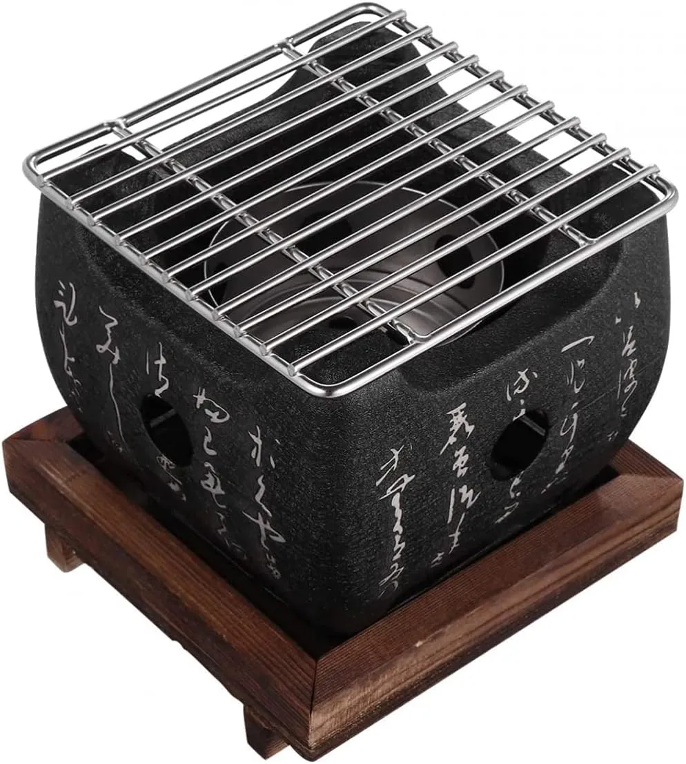 Japanese BBQ Grill with Wooden Base Aluminum Alloy Grill Table Top Charcoal Grill for Household Camping Outdoor Cooking-L