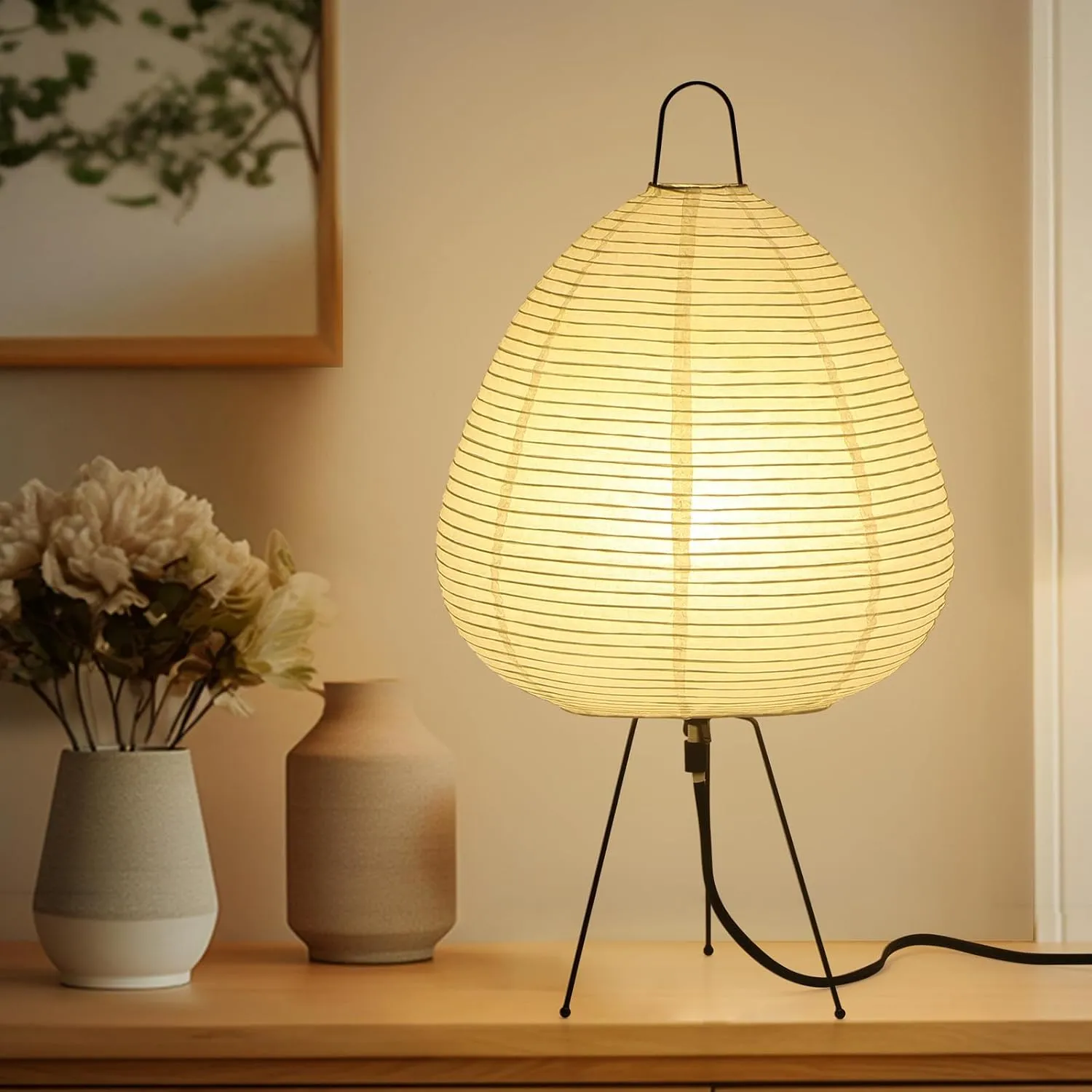 Japanese Paper Lamp Noguchi Style Lamp, Rice Paper Akari Floor Lamp, Paper Lantern Lamp with Washi Paper Shade, Cozy Japanese Paper Lantern Light for Bedside or Desk (Noguchi Table Lamp)