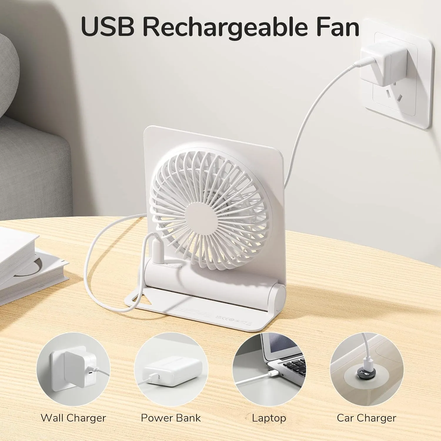 JISULIFE Small Desk Fan, Portable Travel with 2000mAh Battery, USB Rechargeable Folding Design for Flexibility, Strong Quiet Wind with 4 Speed Modes, Ideal Gifts for Office/Home/Camping - White