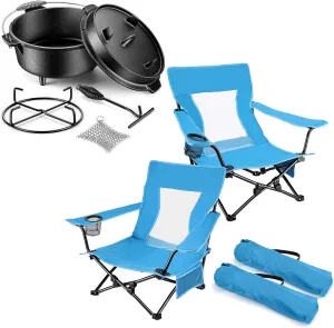 Joyfair 2Pcs Beach Camping Chair & 5QT Cast Iron Dutch Oven, Outdoor Folding Chair for Adults, Pre-Seasoned Camp Dutch Pot & Skillet Lid, Heavy Duty Portable Chair for Outside Fishing, Lawn, Sport