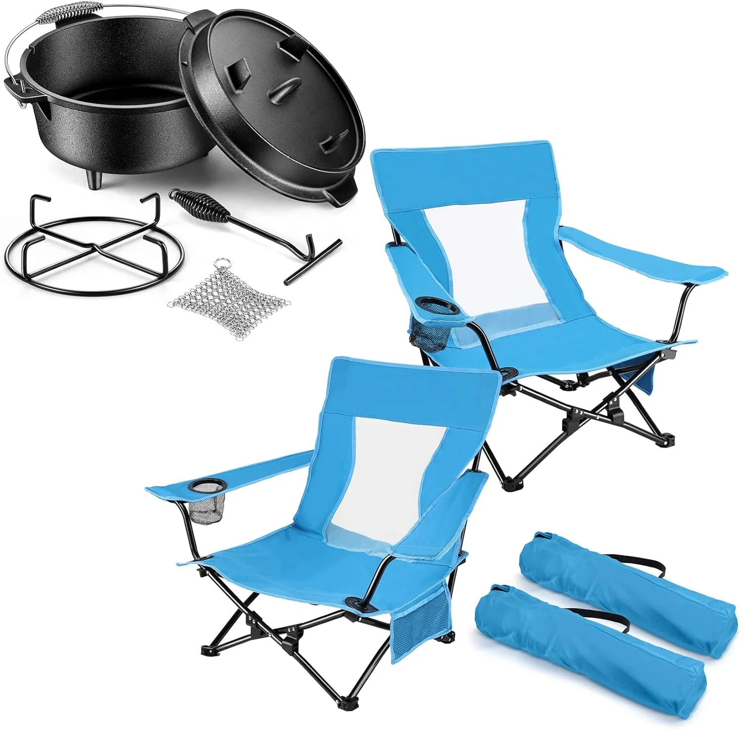 Joyfair 2Pcs Beach Camping Chair & 5QT Cast Iron Dutch Oven, Outdoor Folding Chair for Adults, Pre-Seasoned Camp Dutch Pot & Skillet Lid, Heavy Duty Portable Chair for Outside Fishing, Lawn, Sport