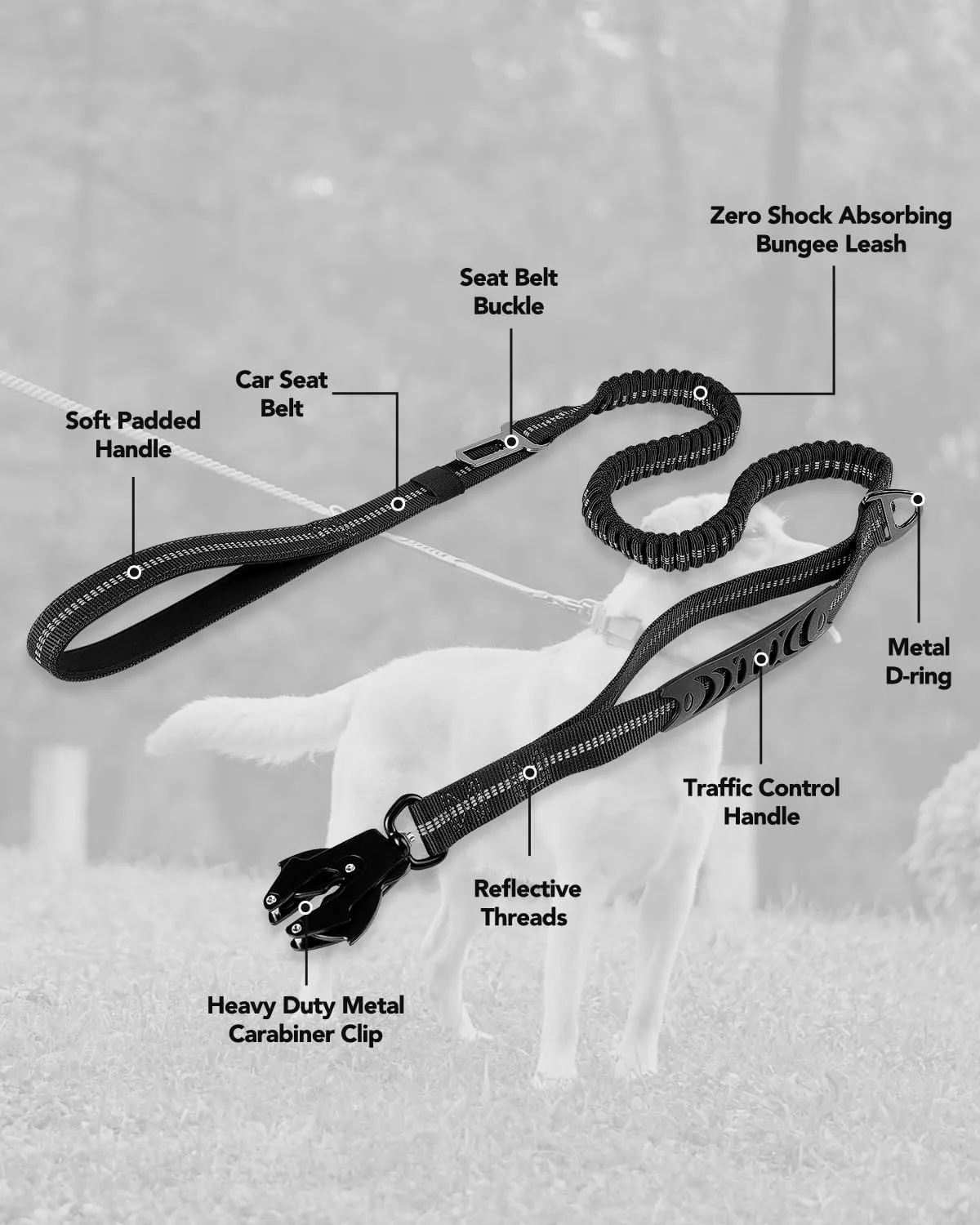 Joytale Tactical Dog Leash Heavy Duty, 4-6FT Shock Absorbing Bungee Lead with 2 Padded Handle, Metal Carabiner Clip, Car Seatbelt, Strong No Pull Leash for Medium Large X-Large Dogs, Black