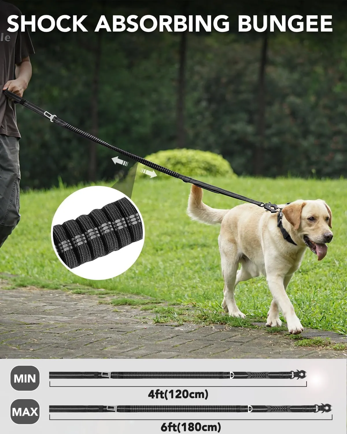 Joytale Tactical Dog Leash Heavy Duty, 4-6FT Shock Absorbing Bungee Lead with 2 Padded Handle, Metal Carabiner Clip, Car Seatbelt, Strong No Pull Leash for Medium Large X-Large Dogs, Black