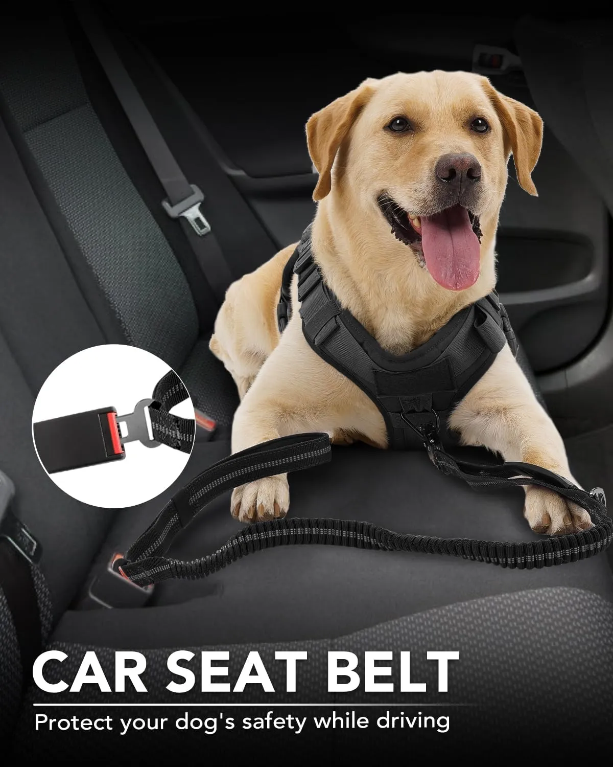 Joytale Tactical Dog Leash Heavy Duty, 4-6FT Shock Absorbing Bungee Lead with 2 Padded Handle, Metal Carabiner Clip, Car Seatbelt, Strong No Pull Leash for Medium Large X-Large Dogs, Black