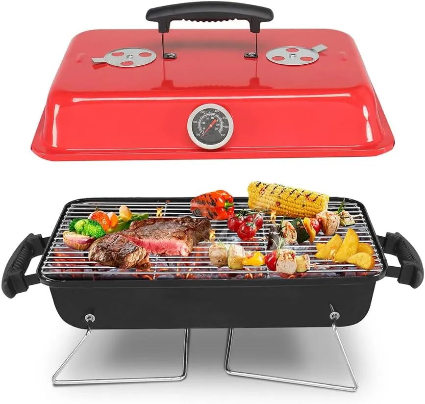 KAFELE 53 * 27 * 27.5Cm Black And Red Enamel Charcoal Grill, Portable Charcoal Grills for Camping, Picnic, Beach Travel