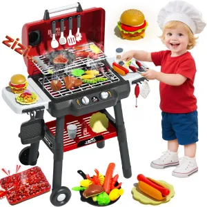 Kids BBQ Grill Playset, Kitchen Playset with Smoke Sound Light and Wheel, Movable Pretend Play Toy Grills for Kids Ages 4-8, 2-Layer Outdoor Cooking Toys for Toddlers 3-5 Birthday Gifts