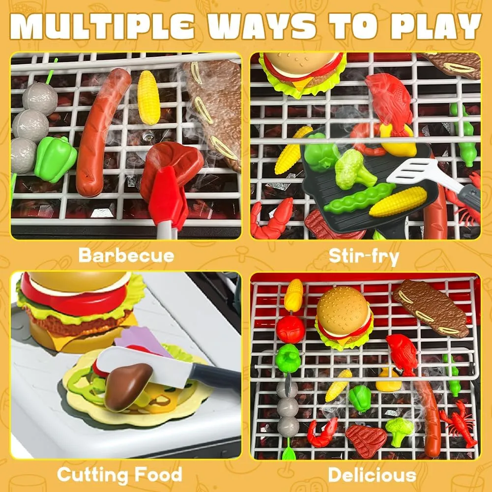 Kids BBQ Grill Playset, Kitchen Playset with Smoke Sound Light and Wheel, Movable Pretend Play Toy Grills for Kids Ages 4-8, 2-Layer Outdoor Cooking Toys for Toddlers 3-5 Birthday Gifts