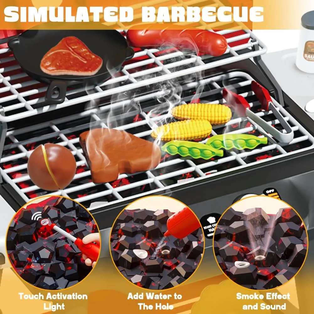 Kids BBQ Grill Playset, Kitchen Playset with Smoke Sound Light and Wheel, Movable Pretend Play Toy Grills for Kids Ages 4-8, 2-Layer Outdoor Cooking Toys for Toddlers 3-5 Birthday Gifts