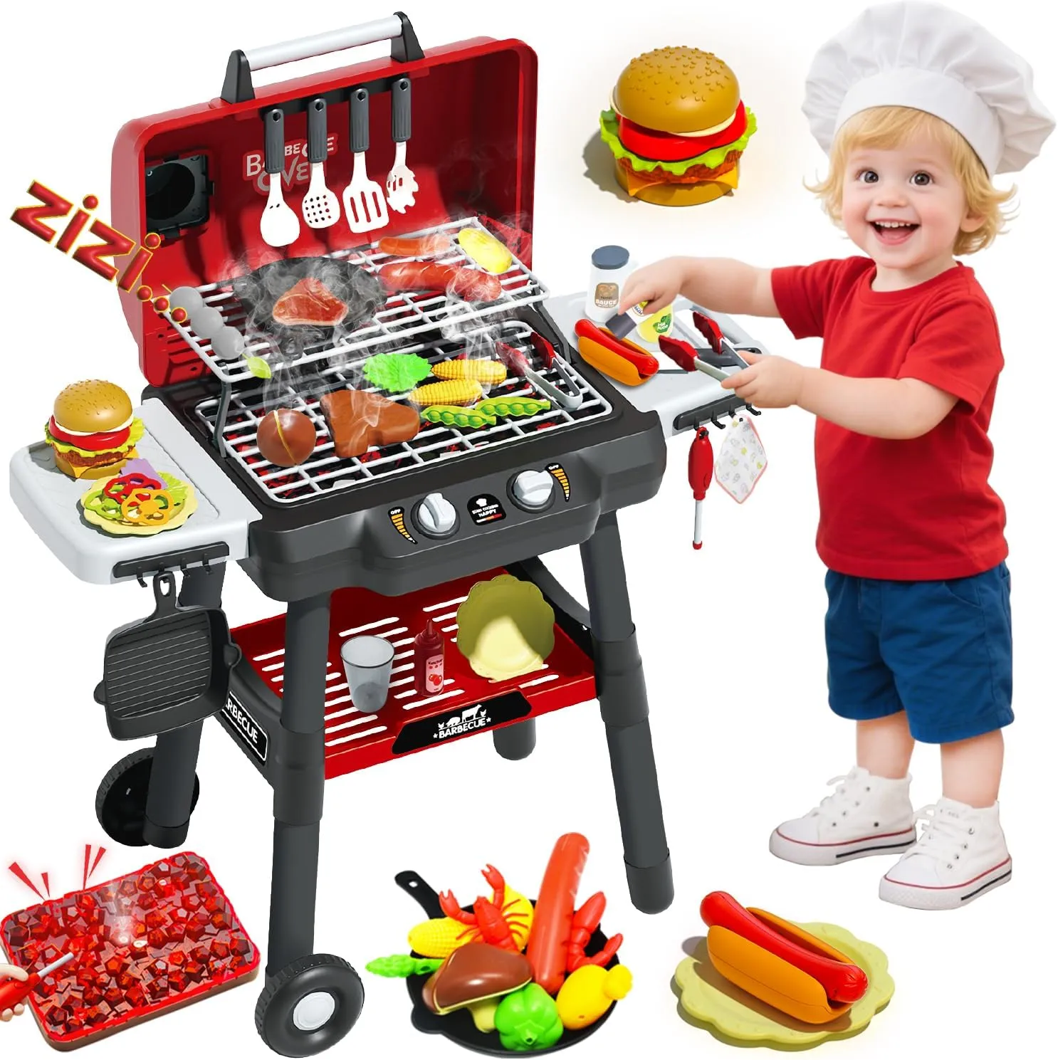 Kids BBQ Grill Playset, Kitchen Playset with Smoke Sound Light and Wheel, Movable Pretend Play Toy Grills for Kids Ages 4-8, 2-Layer Outdoor Cooking Toys for Toddlers 3-5 Birthday Gifts