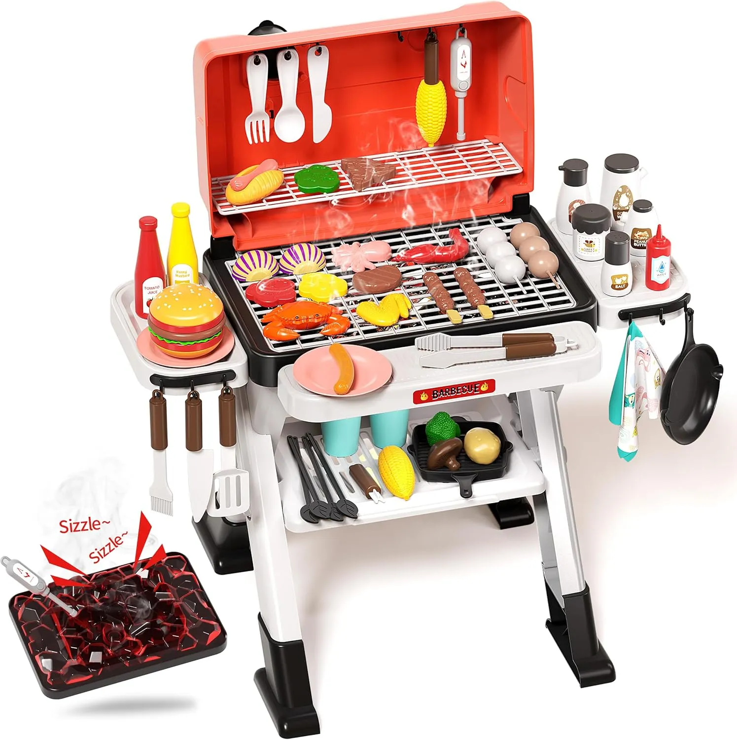 Kids Play Kitchen Toys for Kids, Outdoor BBQ Grill Playset with Smoke Sound & Light, Play Toy Grill Set for Toddlers Boys Girls 3 4 5 6 7 8