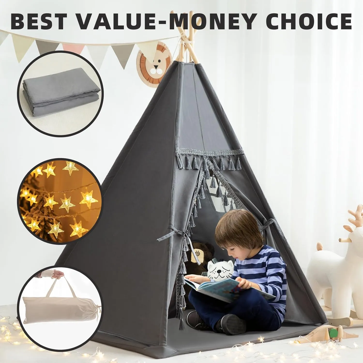 Kids Teepee Tent with Padded Mat, Lights, and Carry Bag,Natural Cotton Canvas Washable Playhouse for Indoor Use,Ideal Play Tent for Girls and Boys