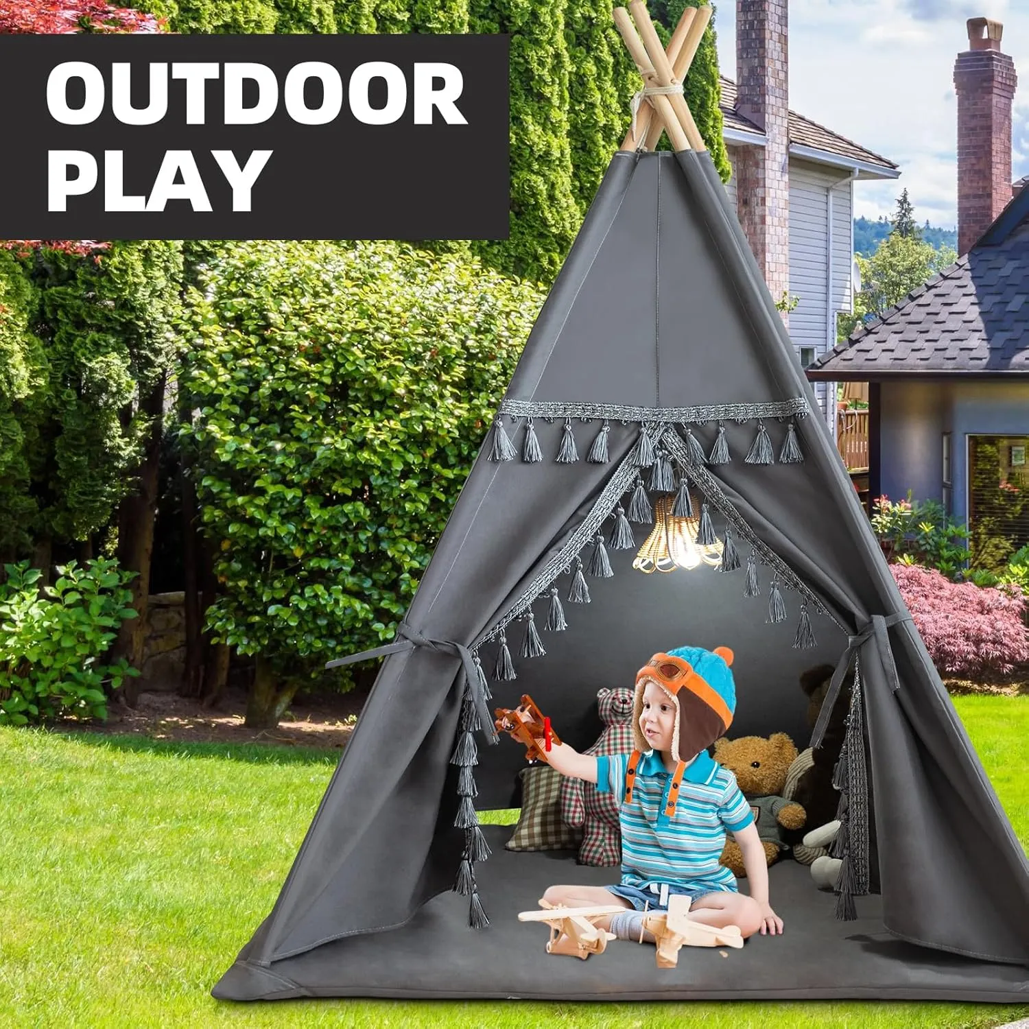 Kids Teepee Tent with Padded Mat, Lights, and Carry Bag,Natural Cotton Canvas Washable Playhouse for Indoor Use,Ideal Play Tent for Girls and Boys