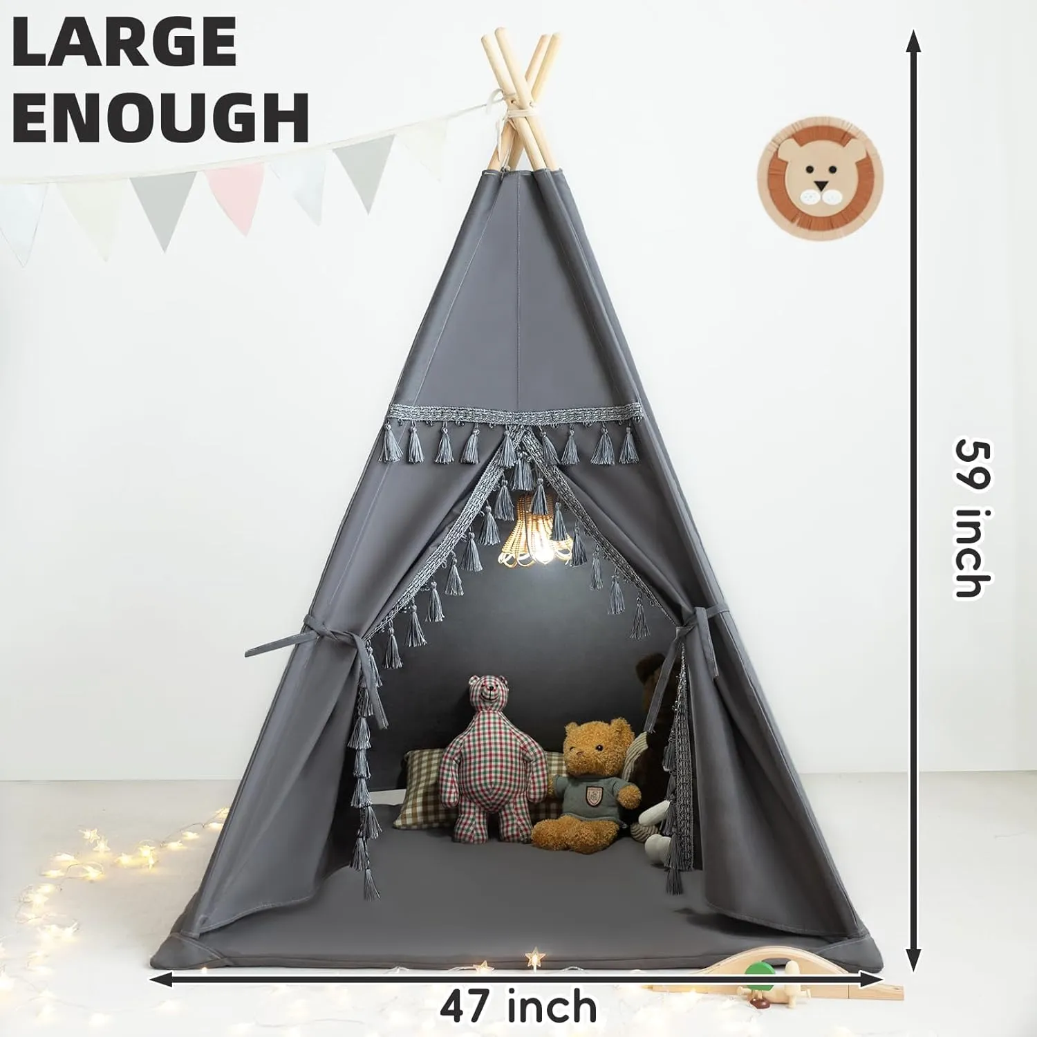 Kids Teepee Tent with Padded Mat, Lights, and Carry Bag,Natural Cotton Canvas Washable Playhouse for Indoor Use,Ideal Play Tent for Girls and Boys