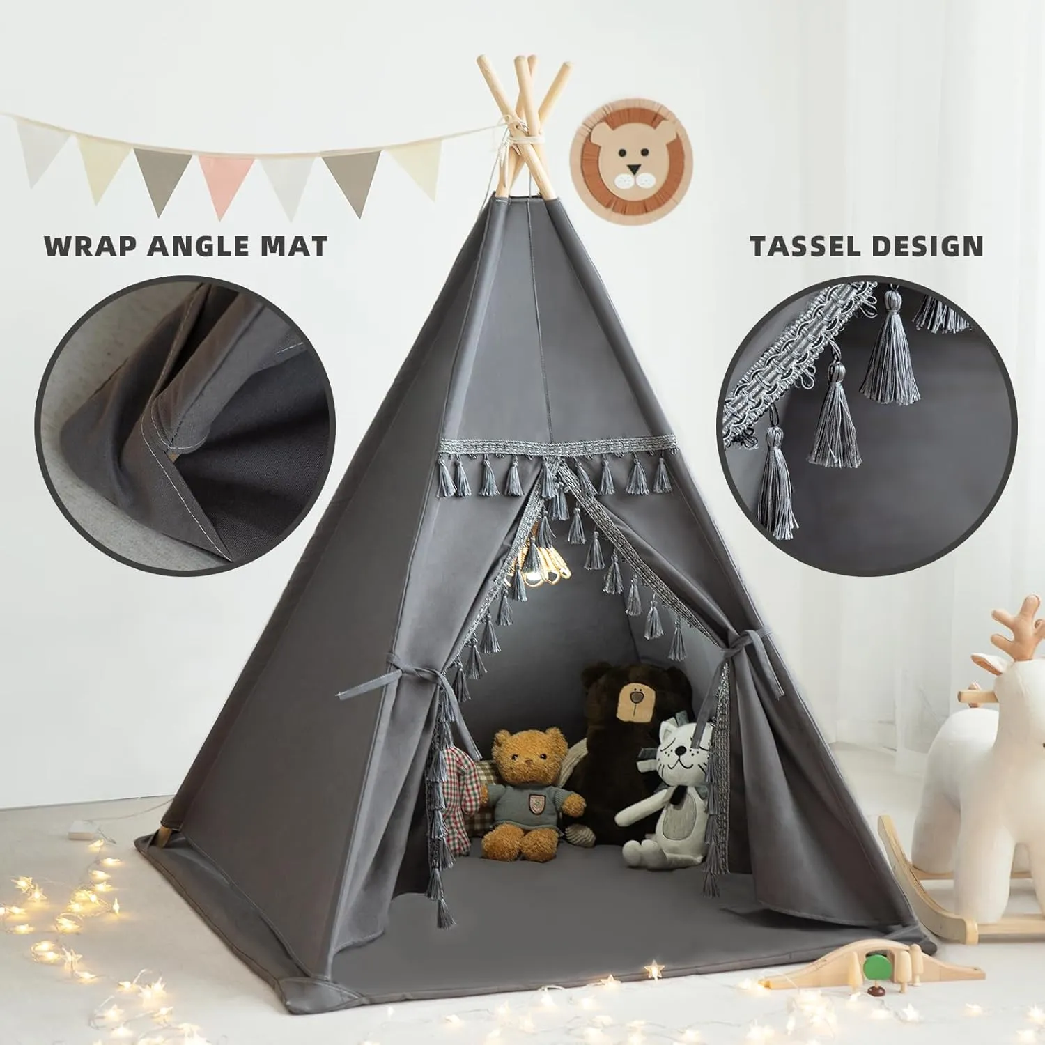 Kids Teepee Tent with Padded Mat, Lights, and Carry Bag,Natural Cotton Canvas Washable Playhouse for Indoor Use,Ideal Play Tent for Girls and Boys