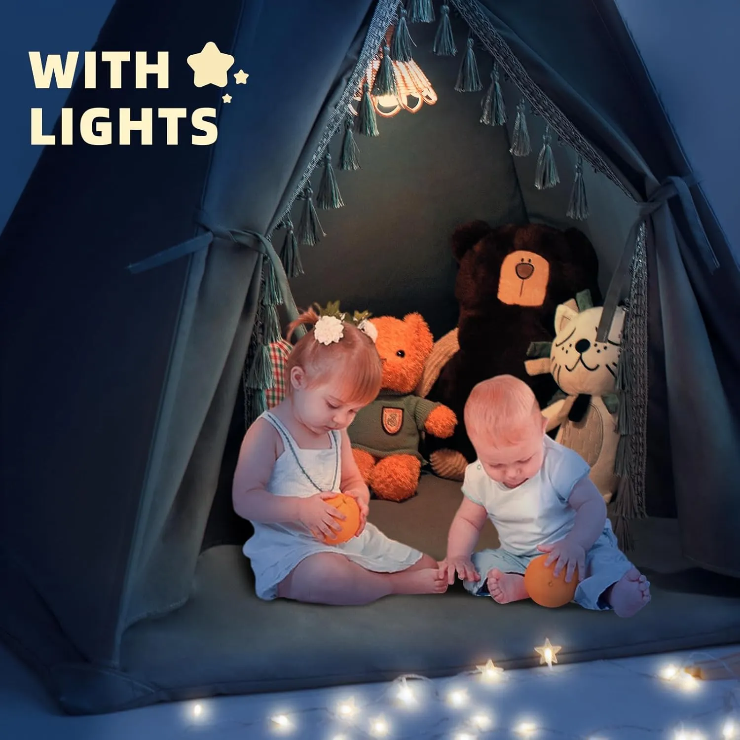 Kids Teepee Tent with Padded Mat, Lights, and Carry Bag,Natural Cotton Canvas Washable Playhouse for Indoor Use,Ideal Play Tent for Girls and Boys
